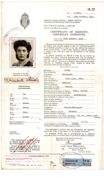 Certificate of Identity issued to Elisabeth Jonas