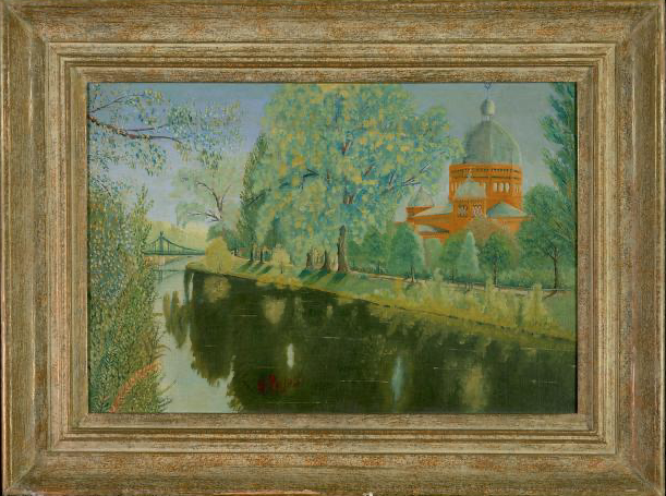 Landscape with view of Synagogue at Oppeln (Upper Silesia) by G. Pujos