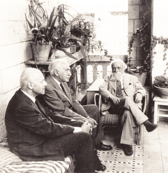 Martin Buber, Ernst Simon, and Shmuel Hugo Bergman at the founding conference of Leo Baeck Institute, May 30, 1955
