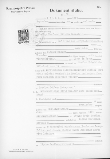 A copy of the Marriage Certificate for Wilhelm Bernstein and Doris Bernstein, née Zeller (page 1).