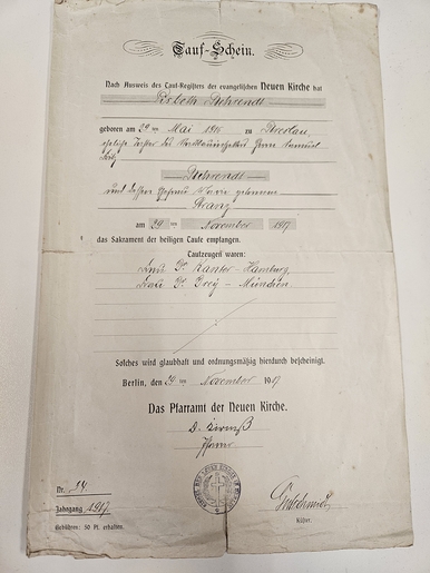 Baptism Certificate Lisbeth Behrendt 1917