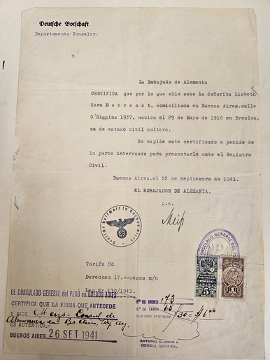 Certificate from German Embassy in Buenos Aires 1941