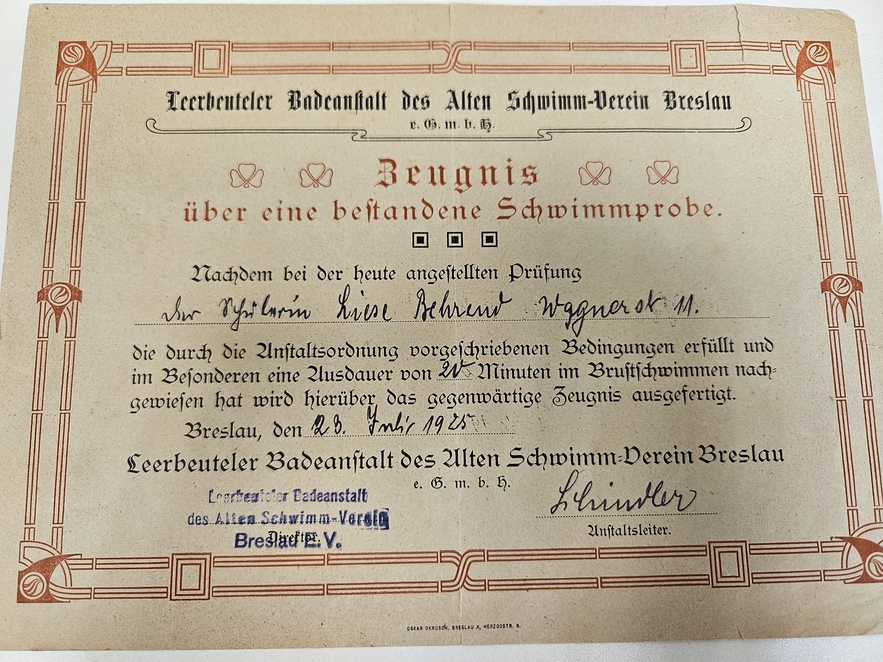 Swimming Certificate Breslau 1925