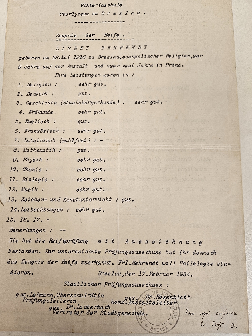 Viktoriaschule Transcript Breslau 1934