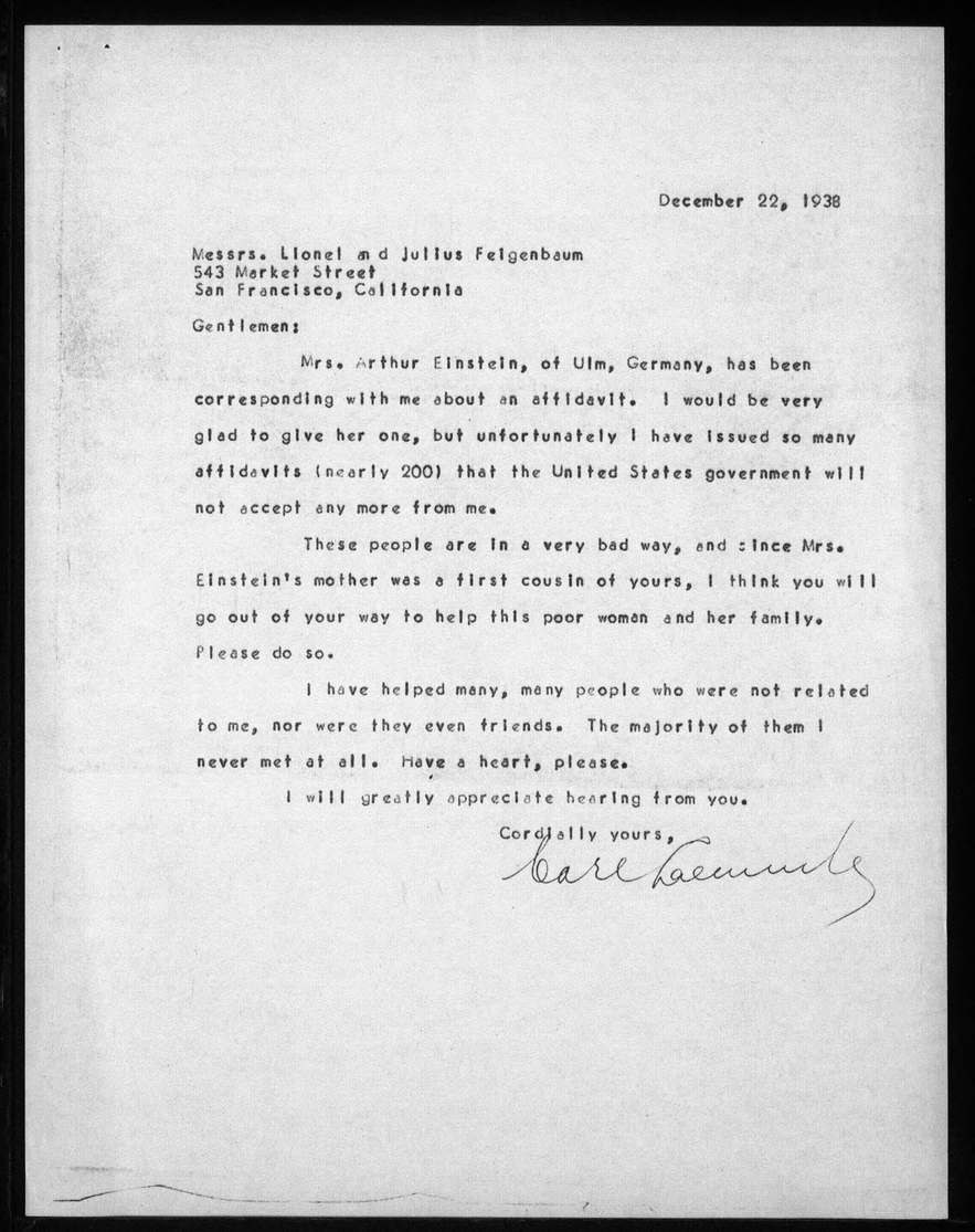 Letter from Carl Laemmle to Lionel and Julius Feigenbaum, 1938